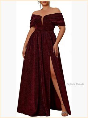Plus Size Sparkly Off The Shoulder Deep V Neck High Slit Glitter Maxi Dress